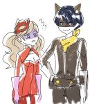  1boy 1girl atlus bandanna blonde_hair boots catsuit cleavage_cutout commentary confused english_commentary gijinka gimmie20dollas gloves hand_on_hip highres looking_at_another mask mask_on_head megami_tensei morgana_(persona_5) nintendo persona persona_5 persona_5_the_royal playstation shaded_face simple_background smile super_smash_bros. takamaki_anne thigh-highs thigh_boots twintails white_background white_gloves 