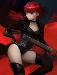  1girl black_coat black_footwear black_leotard boots choker gloves gun leotard long_sleeves looking_to_the_side open_clothes persona persona_5 persona_5_the_royal ponytail qosic red_eyes red_gloves redhead rifle solo thigh-highs thigh_boots weapon yoshizawa_kasumi 