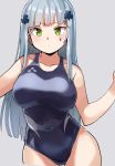  1girl bangs bare_shoulders blue_hair blue_swimsuit blunt_bangs breasts collarbone covered_navel cowboy_shot girls_frontline green_eyes grey_background hair_ornament highres hk416_(girls_frontline) justeeeeth korean_commentary large_breasts long_hair looking_at_viewer one-piece_swimsuit sidelocks simple_background solo swimsuit tattoo 