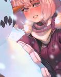  1girl blush breath character_request close-up commentary copyright_request glo-s-s gloves grin highres lips pink_hair scarf short_hair smile snowman solo violet_eyes winter winter_clothes 