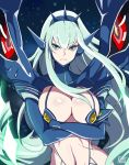  1girl alternate_color artist_name bangs blue_eyes blue_gloves blue_hairband breasts closed_mouth commentary_request crossed_arms eyebrows_visible_through_hair frown gloves green_hair gurepyon hairband impossible_clothes junketsu kill_la_kill kiryuuin_satsuki large_breasts long_hair looking_at_viewer navel solo spiked_hairband spikes very_long_hair 