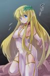  1girl bangs bare_shoulders blonde_hair blue_eyes blush breasts cleavage commentary_request detached_sleeves dress ear_piercing elf eyebrows_visible_through_hair flying_sweatdrops hair_between_eyes head_tilt highres large_breasts laurel_crown long_hair looking_at_viewer original parted_lips pelvic_curtain piercing pointy_ears ryogo sleeveless sleeveless_dress solo sweat tentacle thigh-highs translation_request v-shaped_eyebrows very_long_hair white_dress white_legwear white_sleeves 