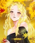  1girl alraco autumn_leaves black_shirt blonde_hair blurry blurry_background brown_eyes leaf long_hair looking_at_viewer maple_leaf off-shoulder_shirt off_shoulder open_mouth original sample shiny shiny_hair shirt short_sleeves solo upper_body 