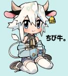  1boy animal_ears animal_print blue_background blue_eyes bottle brown_footwear chibi cow_boy cow_ears cow_horns cow_print cow_tail crop_top ear_tag enotou_(enotou_moi) horns licking_lips male_focus milk_bottle original shorts sidelocks simple_background sitting smile solo tag tail thigh-highs tongue tongue_out ushi-kun_(enotou_(enotou_moi)) wariza white_hair white_legwear 