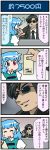  1boy 1girl 4koma artist_self-insert black_coat black_hair black_lagoon blue_eyes blue_hair card closed_eyes comic commentary_request english_text gradient gradient_background grin heterochromia highres juliet_sleeves long_sleeves mizuki_hitoshi mr_chang necktie open_mouth puffy_sleeves red_eyes shaded_face short_hair smile sunglasses surprised sweatdrop tatara_kogasa touhou translation_request trench_coat vest waving 
