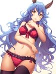  1girl :o absurdres animal_ears arm_across_waist bangs bare_shoulders blue_hair blush bra breasts erune ferry_(granblue_fantasy) granblue_fantasy groin hair_between_eyes hand_up highres long_hair looking_at_viewer medium_breasts messy_hair miya_(tokumei) navel open_mouth panties purple_legwear red_bra red_panties ribbon-trimmed_bra ribbon-trimmed_panties sidelocks simple_background solo stomach thigh-highs thighs underwear very_long_hair wavy_hair yellow_eyes 