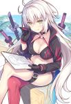  1girl ahoge bangs beach bikini black_bikini black_gloves black_jacket blurry blurry_background blush breasts choker cleavage day eyebrows_visible_through_hair fate/grand_order fate_(series) gloves hair_between_eyes highres holding holding_notepad holding_pen jacket jeanne_d&#039;arc_(alter_swimsuit_berserker) jeanne_d&#039;arc_(fate)_(all) katana large_breasts legs_crossed long_hair looking_at_viewer multiple_swords nozomi_tsubame o-ring o-ring_bikini outdoors pen red_legwear shrug_(clothing) silver_hair single_thighhigh sitting solo swimsuit sword thigh-highs very_long_hair weapon yellow_eyes 