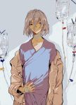  1boy amiyakinyu hair_between_eyes highres hospital_gown intravenous_drip jacket long_sleeves looking_at_viewer off_shoulder orange_eyes original shadow short_hair solo upper_body 