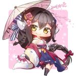  azur_lane black_hair braid cherry_blossoms fan horns japanese_clothes kimono mikasa_(azur_lane) oriental_umbrella seele0907 smile umbrella yellow_eyes 