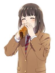  1girl black_hair blazer blush chocolate_cornet closed_eyes eating food holding holding_food jacket mattaku_mousuke medium_hair necktie original school_uniform solo striped striped_neckwear white_background 