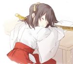  1girl bangs blush brown_hair brown_ribbon closed_eyes commentary_request eyebrows_visible_through_hair hair_bun hair_ribbon hakama head_rest japanese_clothes katana kimono long_sleeves miko mochizuki_shiina original parted_lips red_hakama ribbon sheath sheathed sleeping solo sword table weapon white_kimono 