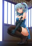  1girl :d aqua_hair bang_dream! bare_shoulders black_footwear black_gloves black_legwear blue_dress blurry blush breasts china_dress chinese_clothes cleavage cleavage_cutout commentary day depth_of_field dress elbow_gloves full_body gloves hair_ornament high_heels highres indoors kazenokaze large_breasts long_hair looking_at_viewer matsubara_kanon one_side_up open_mouth pelvic_curtain sidelocks sleeveless sleeveless_dress smile solo squatting sunlight thigh-highs thighs violet_eyes 
