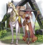  1girl armored_animal bag blonde_hair boots breasts detached_sleeves facial_mark frills hat highres holding holding_staff large_breasts legs_crossed long_hair looking_at_viewer masao original outdoors pelvic_curtain red_eyes ruins smile solo staff standing thigh-highs thigh_boots unicorn wide_sleeves witch witch_hat 
