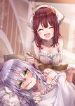  +_+ 2girls alt atelier_(series) atelier_lydie_&amp;_suelle atelier_sophie bare_shoulders bed blanket blush book bowl breasts brown_hair chair closed_eyes closed_mouth collarbone detached_collar eyebrows_visible_through_hair frills green_eyes hair_between_eyes hairband head_scarf highres holding holding_spoon holding_tray indoors lavender_hair long_hair medium_breasts mouth_hold multiple_girls on_bed on_pillow plachta red_skirt sick skirt smile sophie_neuenmuller spoon standing steam tearing_up thermometer towel tray very_long_hair 