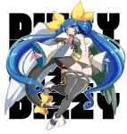  1girl asymmetrical_wings black_legwear black_panties blue_hair breasts character_name dizzy feathered_wings full_body guilty_gear guilty_gear_xrd hair_ribbon hair_rings highres large_breasts long_hair navel panties red_eyes revealing_clothes ribbon shoulder_armor solo spaulders tail tail_ribbon theycallhimcake thick_thighs thigh-highs thigh_strap thighs twintails two_side_up underwear very_long_hair wide_sleeves wings yellow_ribbon 