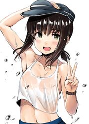  1girl :d armpits bangs black_hair blue_skirt blush breasts collarbone crop_top flat_cap fubuki_(kantai_collection) green_eyes hand_on_headwear hat highres ichikawa_feesu kantai_collection long_hair looking_at_viewer low_ponytail midriff navel open_mouth ponytail short_ponytail sidelocks skirt sleeveless smile solo v watch wet white_crop_top 