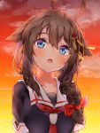  1girl :o ahoge black_serafuku blue_eyes blush braid brown_hair eyebrows_visible_through_hair hair_between_eyes hair_flaps hair_ornament hair_over_shoulder hair_ribbon harukawa_(hal501) kantai_collection long_hair neckerchief red_neckwear red_ribbon remodel_(kantai_collection) ribbon school_uniform serafuku shigure_(kantai_collection) single_braid solo sunset upper_body 