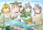  2019 4girls ;o ahoge akebono_(kantai_collection) alternate_costume animal animal_on_head apron bandaid bandaid_on_face black_hair blue_jacket brown_eyes brown_hair bucket crab dress eating food green_dress green_hairband green_skirt green_sweater hair_bobbles hair_ornament hairband hairclip hamburger jacket kantai_collection long_hair map multiple_girls oboro_(kantai_collection) on_head one_eye_closed pink_eyes pink_hair purple_hair rabbit sazanami_(kantai_collection) shakeda_mamoshirou shirt short_hair short_sleeves side_ponytail skirt striped striped_shirt stuffed_toy sweater upper_body ushio_(kantai_collection) very_long_hair violet_eyes watch watch white_shirt 