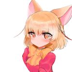  1girl absurdres animal_ears bangs blonde_hair blush bow brown_eyes closed_mouth commentary_request dokomon eyebrows_visible_through_hair fennec_(kemono_friends) fox_ears hair_between_eyes highres kemono_friends looking_at_viewer orange_bow pink_sweater puffy_short_sleeves puffy_sleeves short_sleeves simple_background solo sweater upper_body white_background 