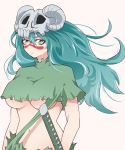  1girl absurdres bare_arms bleach breasts facial_mark green_hair highres jipponwazaari large_breasts long_hair messy_hair navel nelliel_tu_odelschwanck no_bra short_sleeves simple_background skull solo sword torn_clothes under_boob weapon white_background 