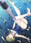  1girl air_bubble aqua_eyes blonde_hair blue_swimsuit breasts bubble diving glasses hat hat_removed headwear_removed highres i-8_(kantai_collection) kanaka_(kananan0910828) kantai_collection large_breasts looking_at_viewer low_twintails medium_breasts name_tag ocean old_school_swimsuit one-piece_swimsuit open_mouth peaked_cap red-framed_eyewear sailor_hat school_swimsuit semi-rimless_eyewear smile solo swimsuit swimsuit_under_clothes thigh-highs torpedo twintails under-rim_eyewear underwater upside-down white_legwear 