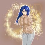  1girl :p alternate_hairstyle axia-chan blue_eyes blue_hair blush braid elesia highres long_braid sleeves_past_wrists solo sparkle sweater tan_background tongue tongue_out tsukihime turtleneck turtleneck_sweater v 