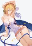  1girl arm_up armpits bangs bare_shoulders blonde_hair blue_cape blue_eyes blue_ribbon blush breasts cape cleavage closed_mouth collarbone dress europa_(granblue_fantasy) granblue_fantasy hair_between_eyes hair_ornament hana_mori highres large_breasts looking_at_viewer ribbon short_hair simple_background sitting solo thighs tiara white_background white_dress 