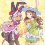  2girls animal_ears bangs black_legwear blush bow breasts brown_hair bunny_girl bunny_tail dark_skin ears_through_headwear easter egg english_text flower hat hat_flower highres long_hair looking_at_viewer mozuku_(mozuuru0323) multiple_girls one_eye_closed open_mouth original pantyhose pink_hair rabbit_ears red_eyes small_breasts smile swept_bangs tail thigh-highs yellow_background 