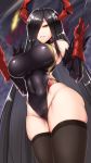  1girl azur_lane bangs bare_shoulders baton_(instrument) black_hair black_legwear black_swimsuit breasts cannon commentary_request competition_swimsuit cowboy_shot friedrich_der_grosse_(azur_lane) fur-trimmed_gloves fur_trim gloves groin hair_over_one_eye highres holding horns impossible_clothes large_breasts long_hair looking_at_viewer one-piece_swimsuit parted_lips red_gloves red_horns rigging shuugetsu_karasu skindentation smile solo swimsuit thigh-highs very_long_hair world_of_warships yellow_eyes 
