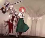  1boy 1girl :o adjusting_neckwear armor blue_eyes boots broken broken_sword broken_weapon brown_footwear brown_gloves cecilia_(pixiv_fantasia_last_saga) copyright_name fidelio_(pixiv_fantasia_last_saga) gauntlets gloves green_skirt grey_background grey_footwear helmet highres holding holding_sword holding_weapon pixiv_fantasia pixiv_fantasia_last_saga poco_(backboa) redhead sheath shirt short_hair short_sleeves simple_background skirt standing sword weapon white_shirt 