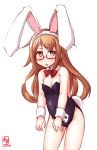  1girl alternate_costume animal_ears artist_logo black_leotard bow bowtie brown_eyes brown_hair bunny_tail bunnysuit commentary_request dated detached_collar eyebrows_visible_through_hair glasses highres kanon_(kurogane_knights) kantai_collection leaning_forward leotard long_hair looking_at_viewer mochizuki_(kantai_collection) rabbit_ears red-framed_eyewear red_neckwear simple_background solo strapless strapless_leotard tail white_background wrist_cuffs 