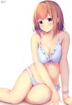  1girl amane_1906 artist_name blush breasts brown_hair cleavage frills highres mole mole_on_breast original school_uniform short_hair simple_background sitting smile swimsuit thighs violet_eyes white_background white_wristband 