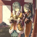  2girls alternate_costume animal_print armor berka_(fire_emblem_if) blue_hair chest_of_drawers closed_mouth fire_emblem fire_emblem_if fur_trim green_hair hairband headband long_hair mooncanopy multiple_girls nintendo oboro_(fire_emblem_if) one_eye_closed ponytail short_hair short_sleeves smile tiger_print 