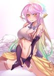  1girl angel_wings breasts bridal_gauntlets crop_top feathered_wings gloves gradient_hair halo highres iwbitu-sa jibril_(no_game_no_life) large_breasts long_hair looking_at_viewer low_wings magic_circle midriff mismatched_legwear multicolored multicolored_eyes multicolored_hair navel no_game_no_life orange_eyes pink_hair sideboob sitting smile solo tattoo very_long_hair violet_eyes white_wings wing_ears wings yellow_eyes 