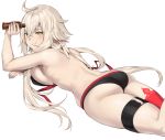  1girl ahoge ass bangs bikini black_bikini blush bottle breasts eyebrows_visible_through_hair fate_(series) hair_between_eyes holding holding_bottle itohana jeanne_d&#039;arc_(alter_swimsuit_berserker) jeanne_d&#039;arc_(fate)_(all) large_breasts long_hair looking_at_viewer lotion lying on_stomach red_legwear silver_hair simple_background single_thighhigh skindentation solo swimsuit thigh-highs thigh_strap untied untied_bikini very_long_hair white_background yellow_eyes 