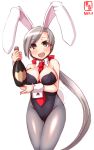  1girl animal_ears artist_logo between_breasts black_eyes black_leotard bottle breasts bunny_tail bunnysuit chitose_(kantai_collection) commentary_request dated detached_collar grey_hair grey_legwear highres kanon_(kurogane_knights) kantai_collection large_breasts leotard long_hair looking_at_viewer necktie necktie_between_breasts pantyhose ponytail rabbit_ears red_neckwear simple_background smile solo strapless strapless_leotard tail white_background wine_bottle wrist_cuffs 