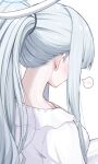  1girl absurdres alternate_costume blue_archive breasts dress grey_hair halo highres large_breasts long_hair long_sleeves mechanical_halo nape noa_(blue_archive) ponytail reia_76 simple_background solo spoken_blush upper_body white_background white_dress 