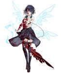  1girl alice_(sinoalice) black_hair blood blood_on_face blood_splatter bloody_clothes bloody_weapon brown_eyes clothes_around_waist contemporary empty_eyes energy_sword energy_wings full_body hair_over_one_eye headphones headphones_around_neck jacket_around_waist ji_no looking_at_viewer official_art plaid plaid_skirt shirt short_hair sinoalice skirt smile solo sword thigh-highs torn_clothes torn_legwear transparent_background weapon white_shirt 