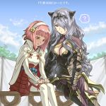  2girls ? armor between_breasts black_armor blue_sky blush breasts camilla_(fire_emblem_if) cleavage clouds day fire_emblem fire_emblem_if fire_emblem_warriors gloves hair_ornament hair_over_one_eye hairband japanese_clothes large_breasts long_hair mooncanopy multiple_girls nintendo parted_lips pink_hair purple_gloves purple_hair sakura_(fire_emblem_if) short_hair sitting sky spoken_question_mark thigh-highs tiara violet_eyes white_legwear 