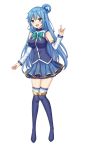  1girl :d absurdres aqua_(konosuba) bare_shoulders blue_dress blue_eyes blue_footwear blue_hair blue_skirt blush boots breasts detached_sleeves dress full_body green_neckwear hair_ornament hair_rings highres kapamiao knee_boots kono_subarashii_sekai_ni_shukufuku_wo! large_breasts long_hair looking_at_viewer open_mouth simple_background skirt smile solo thigh-highs white_background white_sleeves 