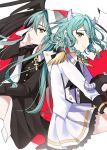  2girls aqua_hair ascot back-to-back bang_dream! bangs black_dress black_neckwear black_wings bow collared_dress collared_shirt cross double-breasted dress epaulettes feathered_wings frown green_eyes hair_bow hand_on_own_face hikawa_hina hikawa_sayo hood hood_up horns kongya long_hair long_sleeves looking_at_viewer multiple_girls shirt siblings side_braids sisters skirt smile twins white_shirt white_skirt white_wings wings yellow_bow 