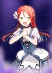  1girl :d aabtcndneefkg blush choker cowboy_shot eyebrows_visible_through_hair floating_hair flower grey_skirt hair_between_eyes hair_flower hair_ornament hands_together highres long_hair looking_at_viewer love_live! love_live!_sunshine!! musical_note_hair_ornament neck_ribbon open_mouth orange_hair pink_ribbon ribbon sakurauchi_riko short_sleeves skirt smile solo standing white_flower yellow_eyes 