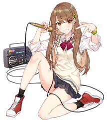  1girl bangs beamed_eighth_notes black_legwear black_skirt blush breasts brown_eyes brown_hair collared_shirt commentary_request eyebrows_visible_through_hair fingernails full_body green_eyes hair_between_eyes hands_up head_tilt holding holding_microphone long_hair long_sleeves microphone musical_note musical_note_hair_ornament nail_polish original pink_nails pleated_skirt red_footwear school_uniform shirako_miso shirt shoes simple_background sitting skirt small_breasts socks solo stereo sweater_vest very_long_hair white_background white_shirt 