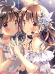  2girls ahoge bangs black_hair blush brown_eyes brown_hair commentary_request dress earrings feathers flower flower_earrings frilled_gloves frills gloves hair_feathers hands_together headset holding holding_microphone index jewelry long_hair looking_at_viewer looking_back microphone multiple_girls original pan_(mimi) parted_lips smile upper_body white_feathers white_gloves 