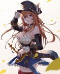  1girl bare_shoulders belt black_headwear blue_eyes blue_skirt braid breasts brown_belt brown_hair cleavage cowboy_shot detached_collar granblue_fantasy haido_(ryuuno_kanzume) hair_between_eyes hat highres large_breasts lecia_(granblue_fantasy) long_hair looking_at_viewer peaked_cap pleated_skirt red_legwear simple_background skirt smile solo sword thigh-highs weapon white_background 