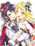  2girls :d ;d armband bang_dream! bangs black_hair blonde_hair blue_eyes blue_neckwear blue_ribbon blush bow bowtie cape cheek-to-cheek choker crown earrings frilled_choker frills fur-trimmed_gloves fur_trim gloves hair_ornament hairclip hat hat_feather hat_ribbon hug ito22oji jewelry long_hair looking_at_viewer multiple_girls okusawa_misaki one_eye_closed open_mouth ribbon shirt smile striped striped_neckwear striped_ribbon tsurumaki_kokoro upper_body white_background white_feathers white_shirt yellow_eyes 