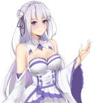  1girl absurdres ardi_rayhan bangs bare_shoulders blunt_bangs blush braid breasts cleavage crown_braid detached_sleeves dress elf emilia_(re:zero) flower french_braid frilled_sleeves frills gem grey_hair hair_between_eyes hair_flower hair_ornament hair_ribbon highres lavender_hair long_hair looking_at_viewer low-tied_long_hair medium_breasts pointy_ears purple_ribbon re:zero_kara_hajimeru_isekai_seikatsu ribbon rose silver_hair simple_background smile solo violet_eyes white_background white_dress white_flower white_legwear white_rose wide_sleeves x_hair_ornament 