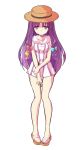  1girl alphes_(style) bare_legs blue_bow boater_hat bow breasts closed_mouth commentary_request dairi dress eyebrows_visible_through_hair full_body hair_bow hat legs_together long_hair looking_down medium_breasts parody patchouli_knowledge purple_bow purple_hair red_bow sandals short_dress sleeveless sleeveless_dress solo standing striped striped_dress style_parody tachi-e touhou transparent_background vertical-striped_dress vertical_stripes violet_eyes wrist_grab yellow_bow 