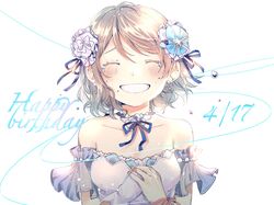  1girl ^_^ blue_flower blue_neckwear blue_ribbon blush closed_eyes closed_eyes collarbone commentary_request crying dated detached_collar detached_sleeves earrings facing_viewer flower gloves grey_hair grin hair_flower hair_ornament hair_ribbon hands_together happy_birthday happy_tears highres jewelry love_live! love_live!_sunshine!! makura_(makura0128) neck_ribbon necklace ribbon short_hair single_glove smile solo tears upper_body watanabe_you white_background white_gloves wrist_ribbon 