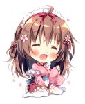  1girl :d ^_^ ahoge bangs blush braid brown_hair chibi closed_eyes closed_eyes commentary_request floral_print flower frills hair_flower hair_ornament hair_ribbon heart japanese_clothes kimono kokoa-chan_(pan_(mimi)) long_hair long_sleeves maid_headdress no_shoes obi open_mouth original pan_(mimi) pink_flower pink_kimono red_ribbon ribbon sash side_braid simple_background smile solo thigh-highs white_background white_legwear wide_sleeves 